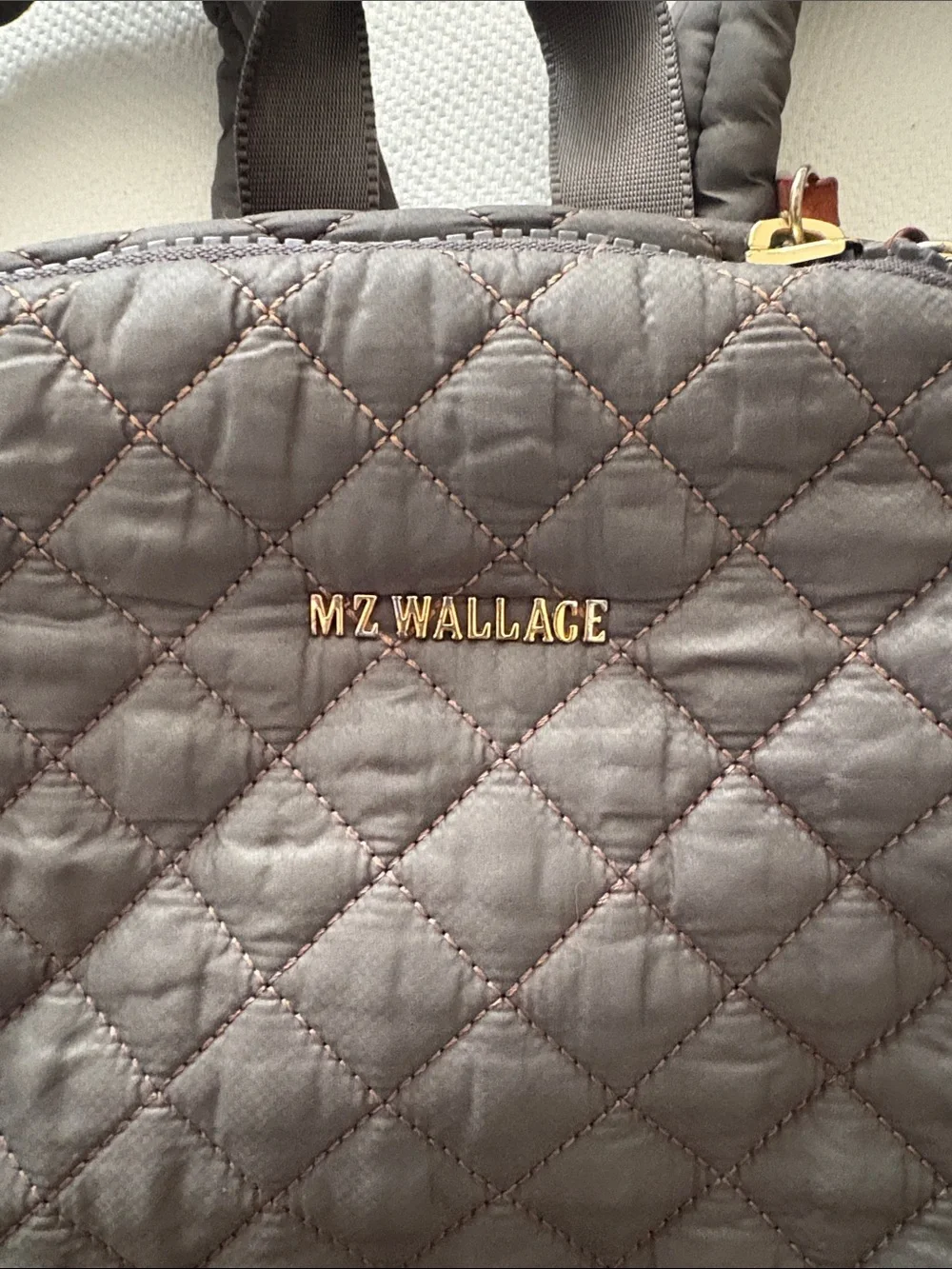 MZ Wallace Quilted Gray Nylon Backpack with Gold Accents